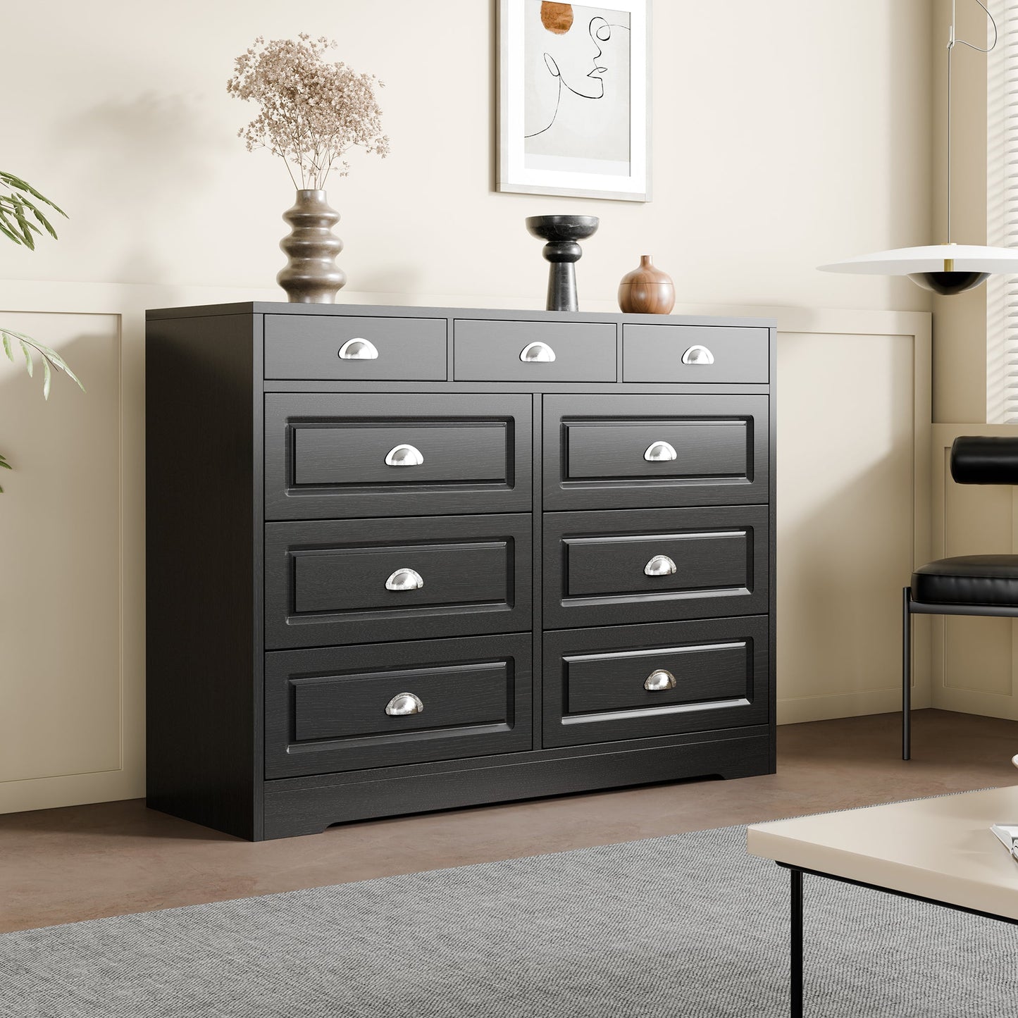 Walsunny 9 Drawer Double Dresser Black Wooden Wide Chest of Drawers with Metal Handles Storage Organizer Dresser Nursery Dresser for Living Room Hallway