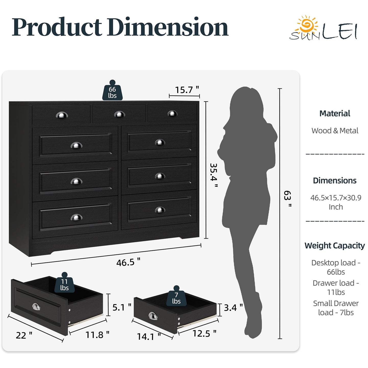 Walsunny 9 Drawer Double Dresser Black Wooden Wide Chest of Drawers with Metal Handles Storage Organizer Dresser Nursery Dresser for Living Room Hallway