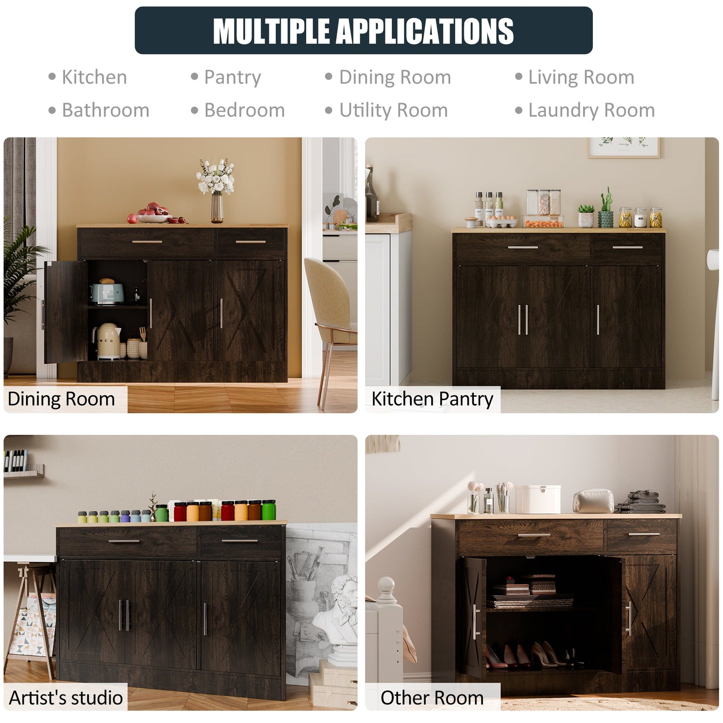 Walsunny Kitchen Buffet Sideboard Cabinet with Adjustable Shelf,Wooden Storage Cabinet with 3 Doors and 2 Drawers,Modern Farmhouse Coffee Bar Cabinet with Storage for Kitchen/Living Room