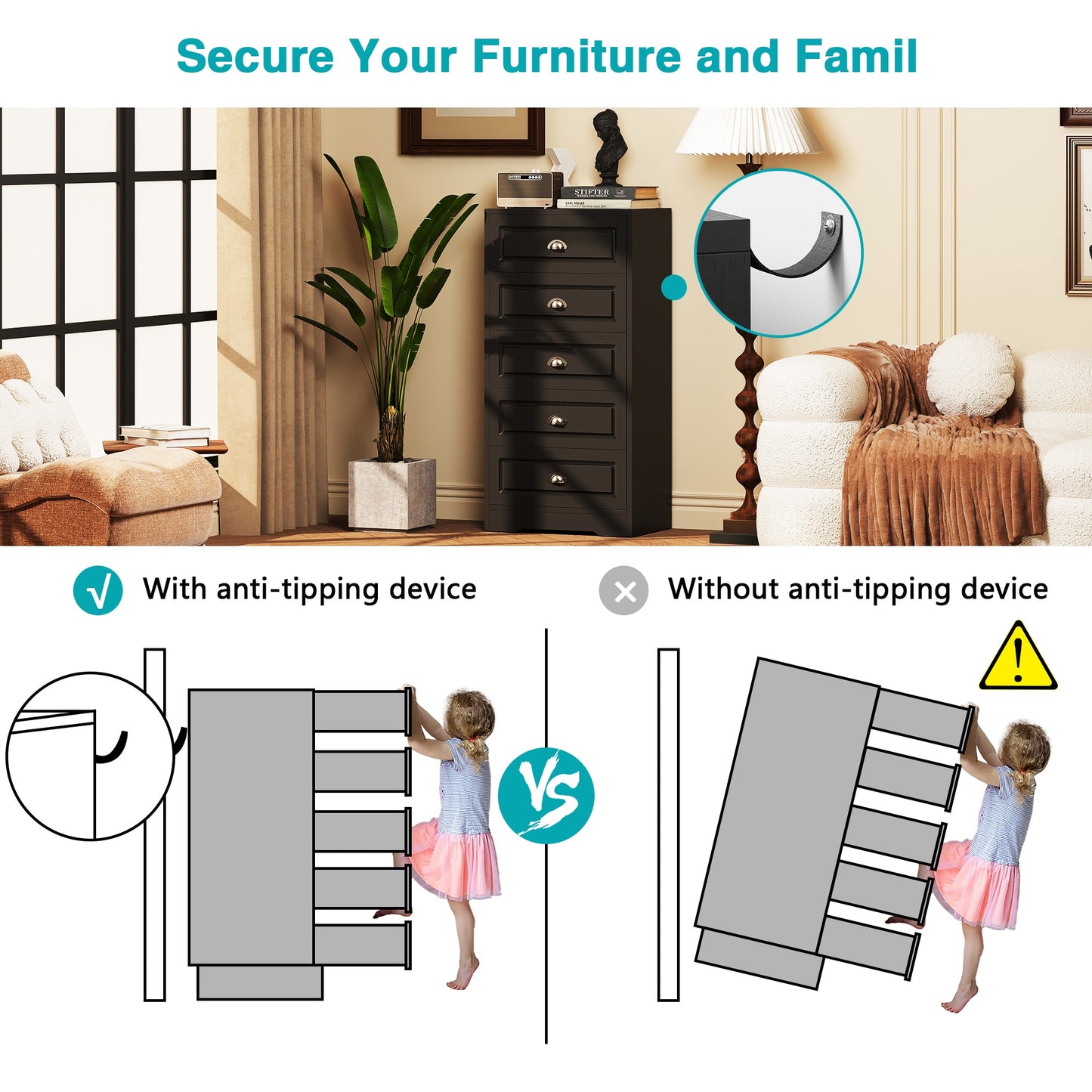 Walsunny 5 Drawer White Vertical Dresser Modern Storage Cabinet with Handle-Drawer Chest Wood Organizer for Living Room