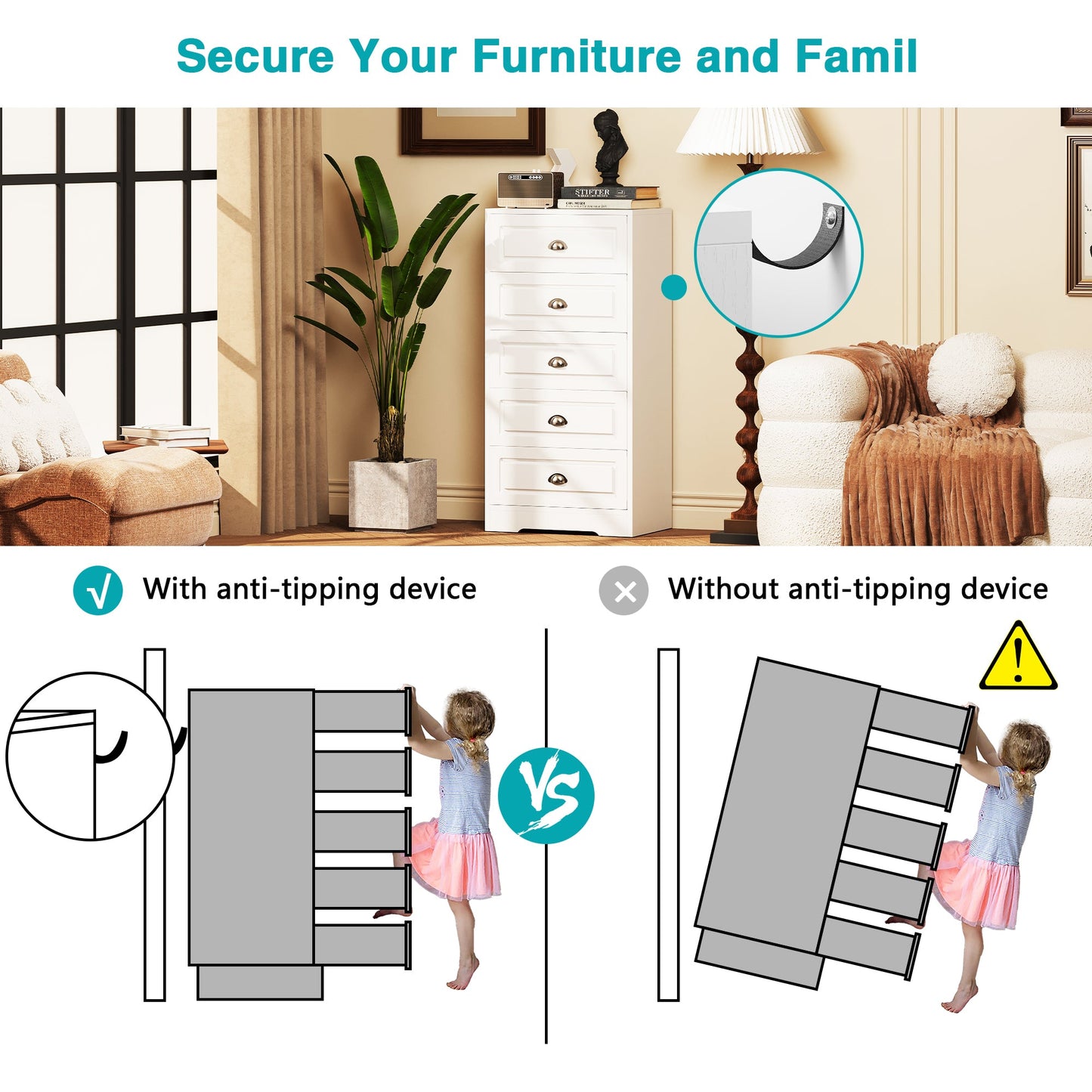 Walsunny 5 Drawer White Vertical Dresser Modern Storage Cabinet with Handle-Drawer Chest Wood Organizer for Living Room