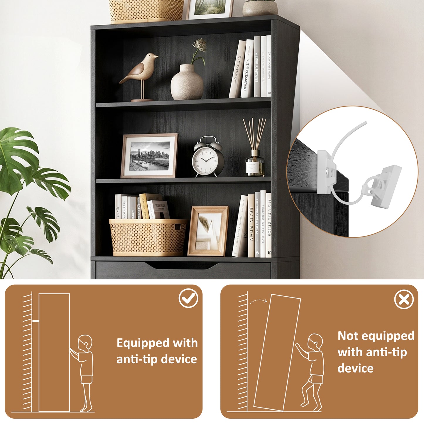 Walsunny Bookshelf with Drawers, 6 Tier H Shaped Bookcase with 3 Open Shelves, Wooden Tall Bookshelf and Bookcase for Living Room