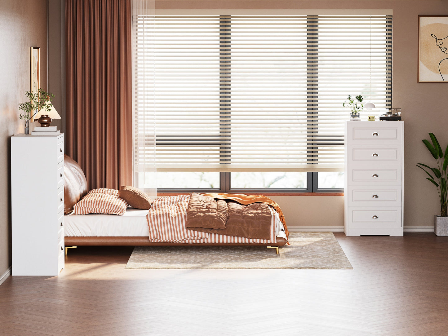 Walsunny 5 Drawer White Vertical Dresser Modern Storage Cabinet with Handle-Drawer Chest Wood Organizer for Living Room