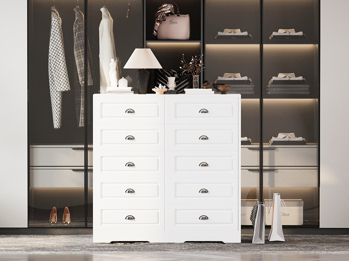 Walsunny 5 Drawer White Vertical Dresser Modern Storage Cabinet with Handle-Drawer Chest Wood Organizer for Living Room