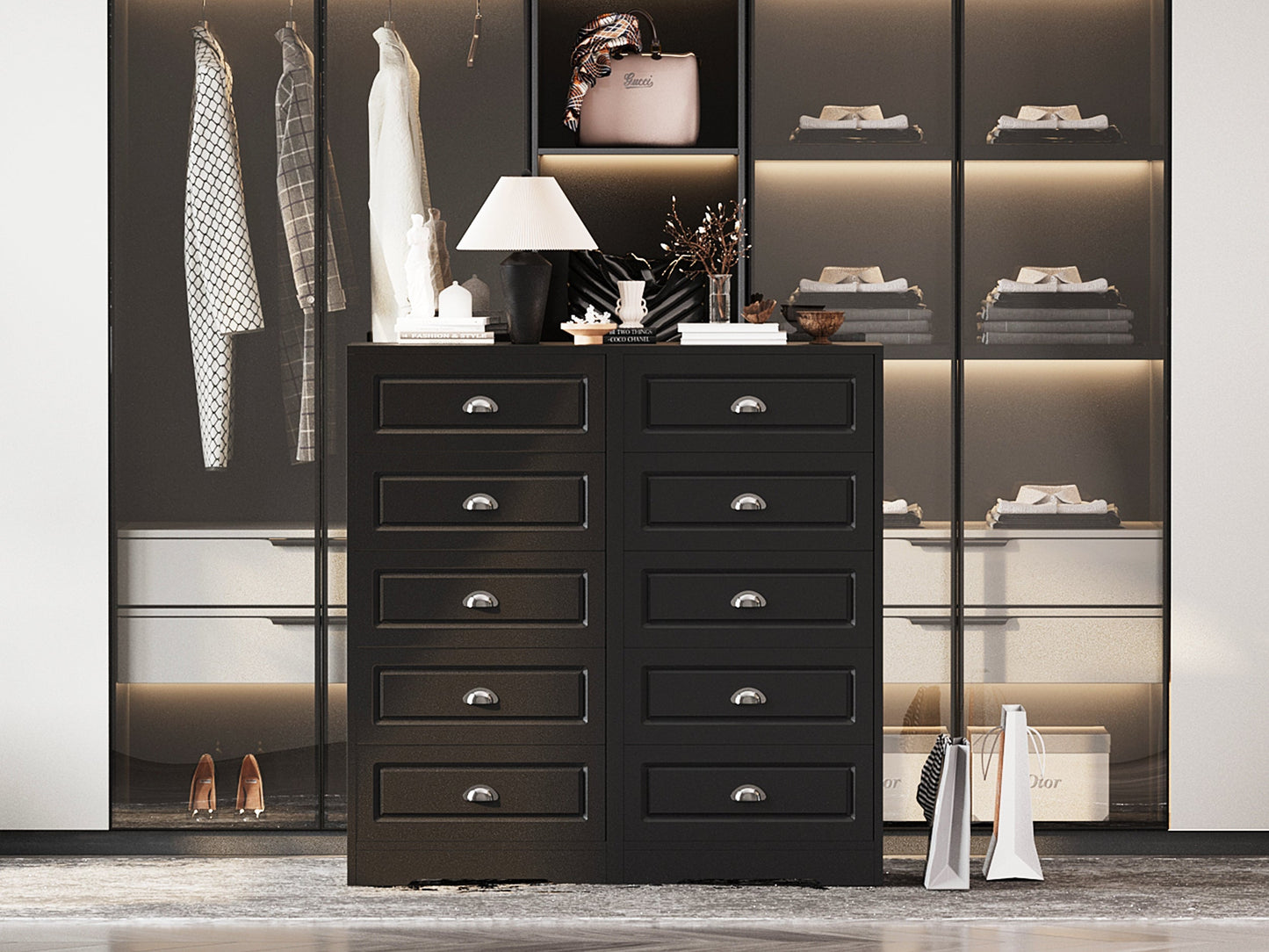 Walsunny 5 Drawer White Vertical Dresser Modern Storage Cabinet with Handle-Drawer Chest Wood Organizer for Living Room