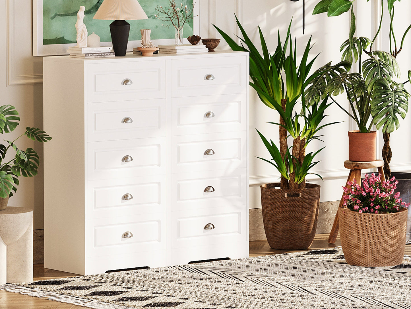 Walsunny 5 Drawer White Vertical Dresser Modern Storage Cabinet with Handle-Drawer Chest Wood Organizer for Living Room