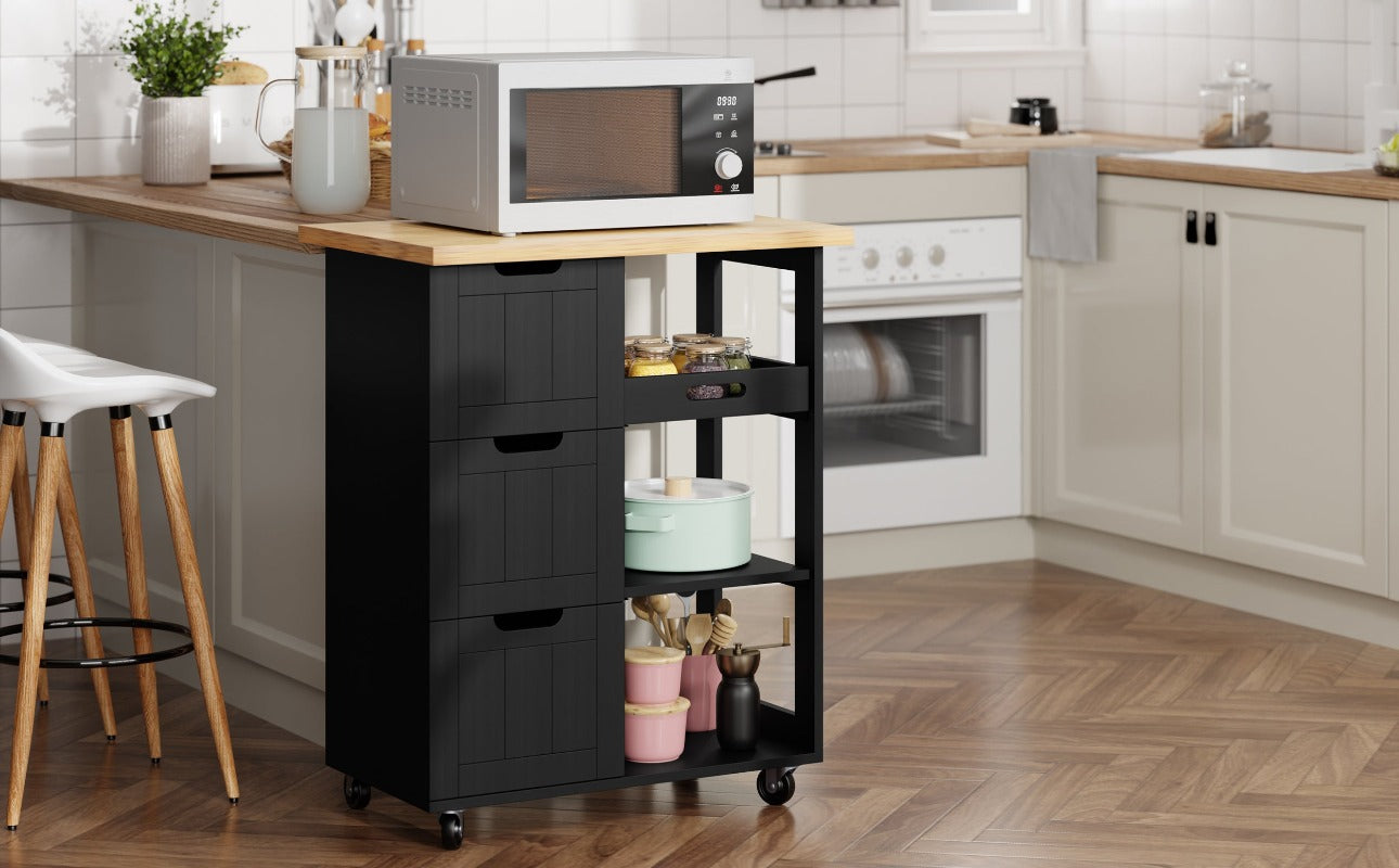 Walsunny 26.57‘’ Rolling Kitchen Island Storage & Bar Cart with Solid Wood Top#color_black