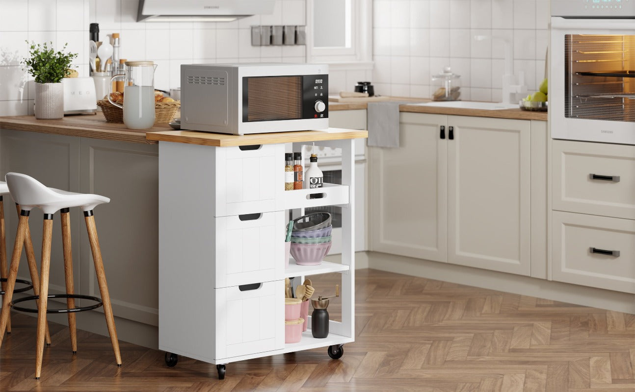 Walsunny 26.57‘’ Rolling Kitchen Island Storage & Bar Cart with Solid Wood Top#color_white