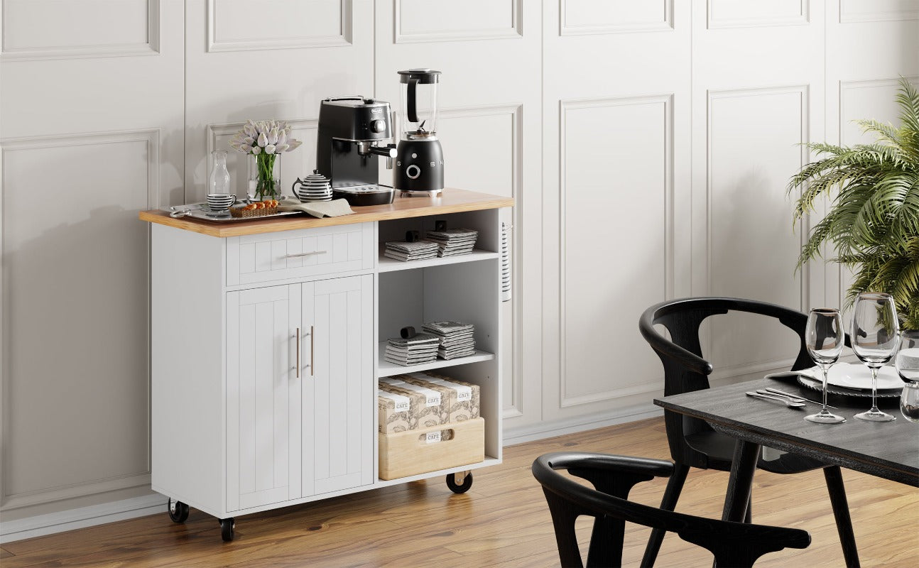 Walsunny 42‘’ Kitchen Island Cart Storage with Solid Wood Top#color_white