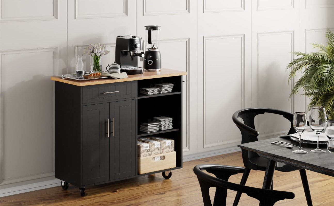 Walsunny 42‘’ Kitchen Island Cart Storage with Solid Wood Top#color_black