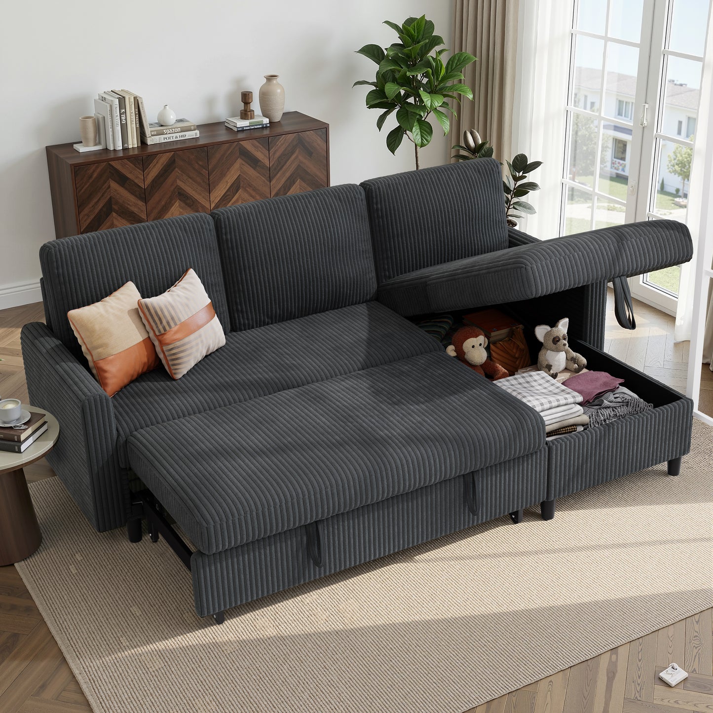 Walsunny Sectional Sofa Couch Bed Storage Chaise Sleeper Pull Out Sofa Couch for Living Room Deep Gray