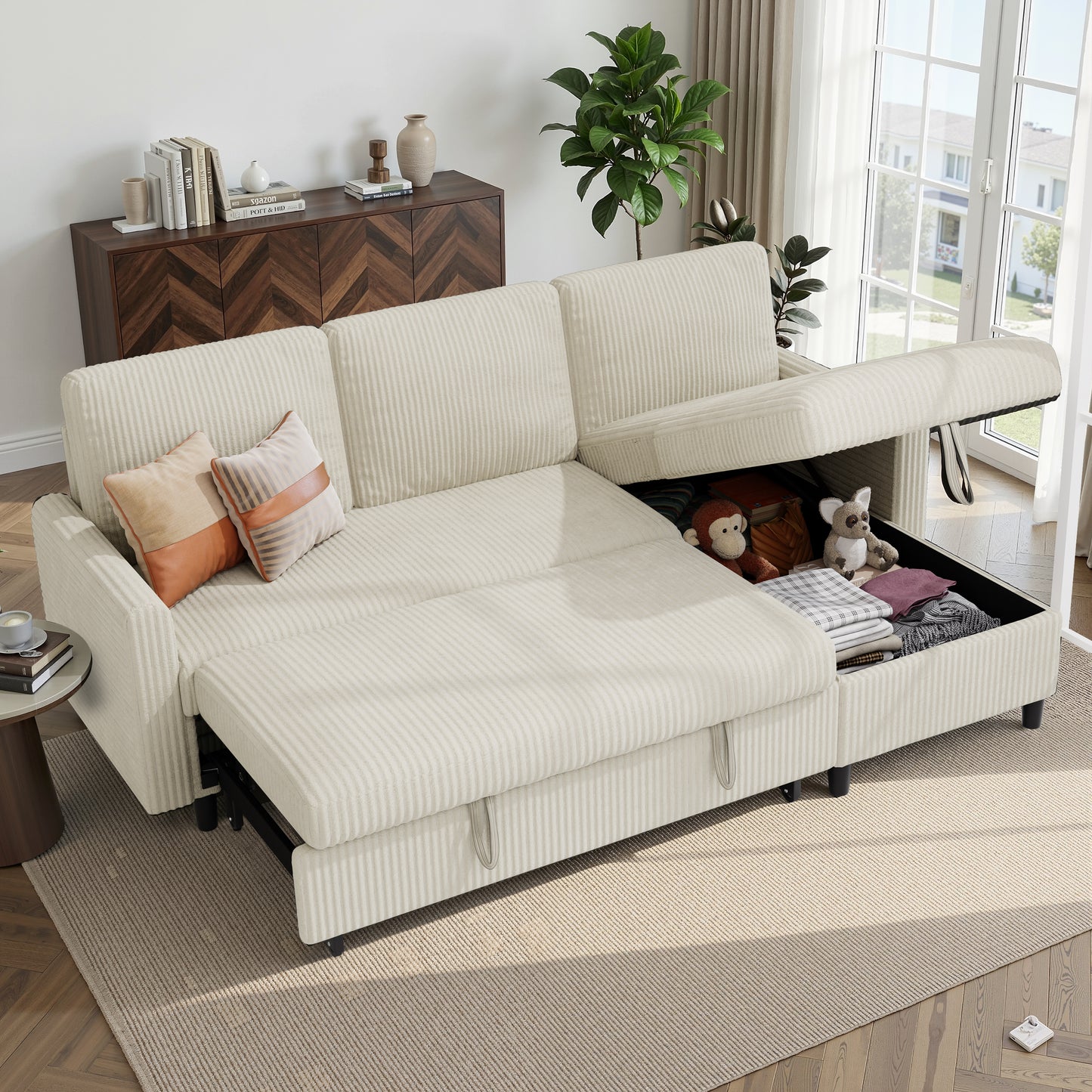 Walsunny Sectional Sofa Couch Bed Storage Chaise Sleeper Pull Out Sofa Couch for Living Room Deep Gray