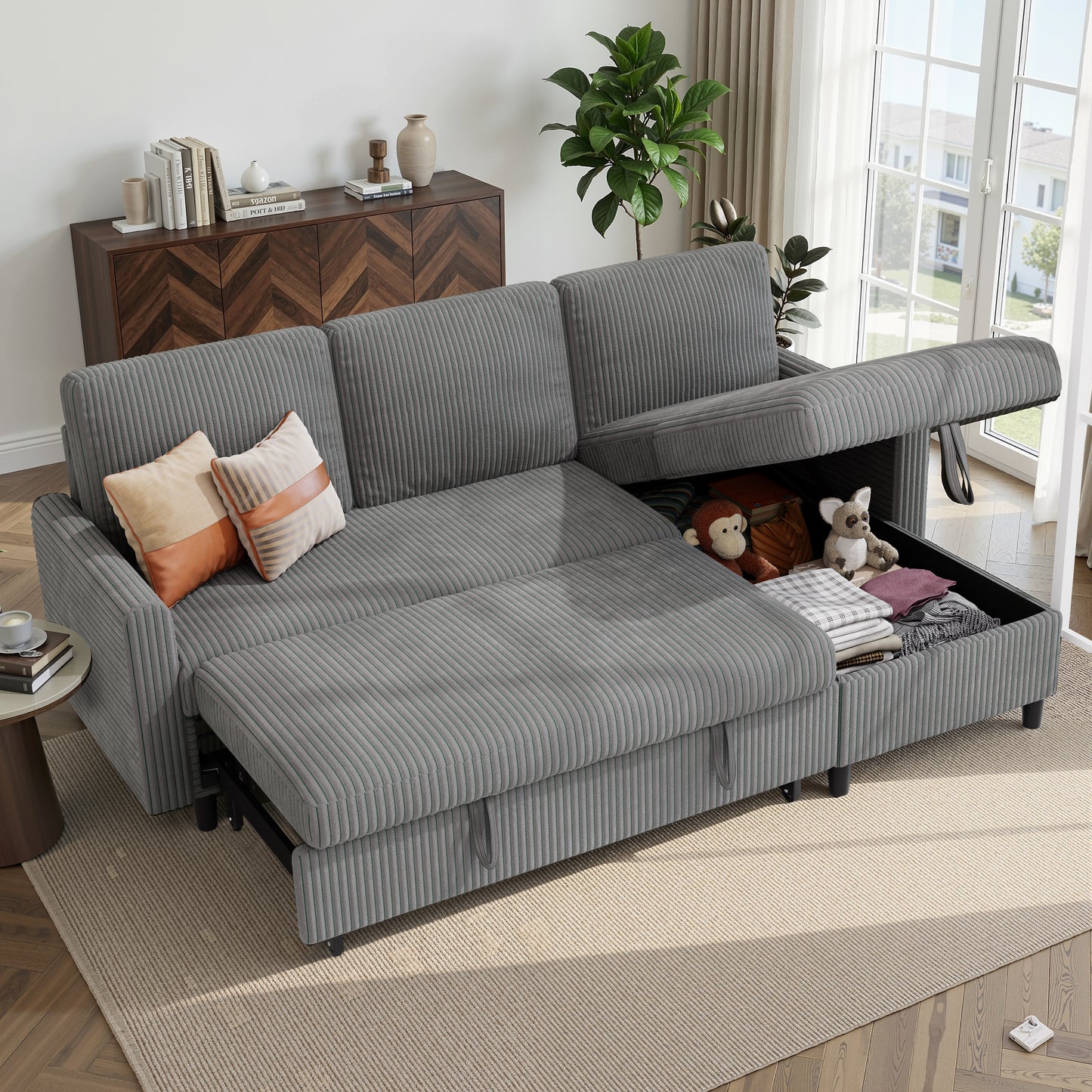 Walsunny Sectional Sofa Couch Bed Storage Chaise Sleeper Pull Out Sofa Couch for Living Room Deep Gray