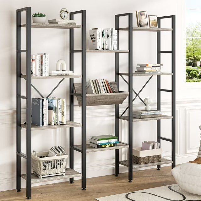 Walsunny 4 Tier Bookshelf Triple Wide Industrial Bookcase Large Open Display Bookshelves with Metal Frame Wood Style Shelves Grey