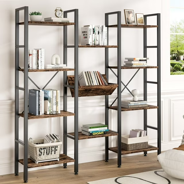 Walsunny 4 Tier Bookshelf Triple Wide Industrial Bookcase Large Open Display Bookshelves with Metal Frame Wood Style Shelves Grey