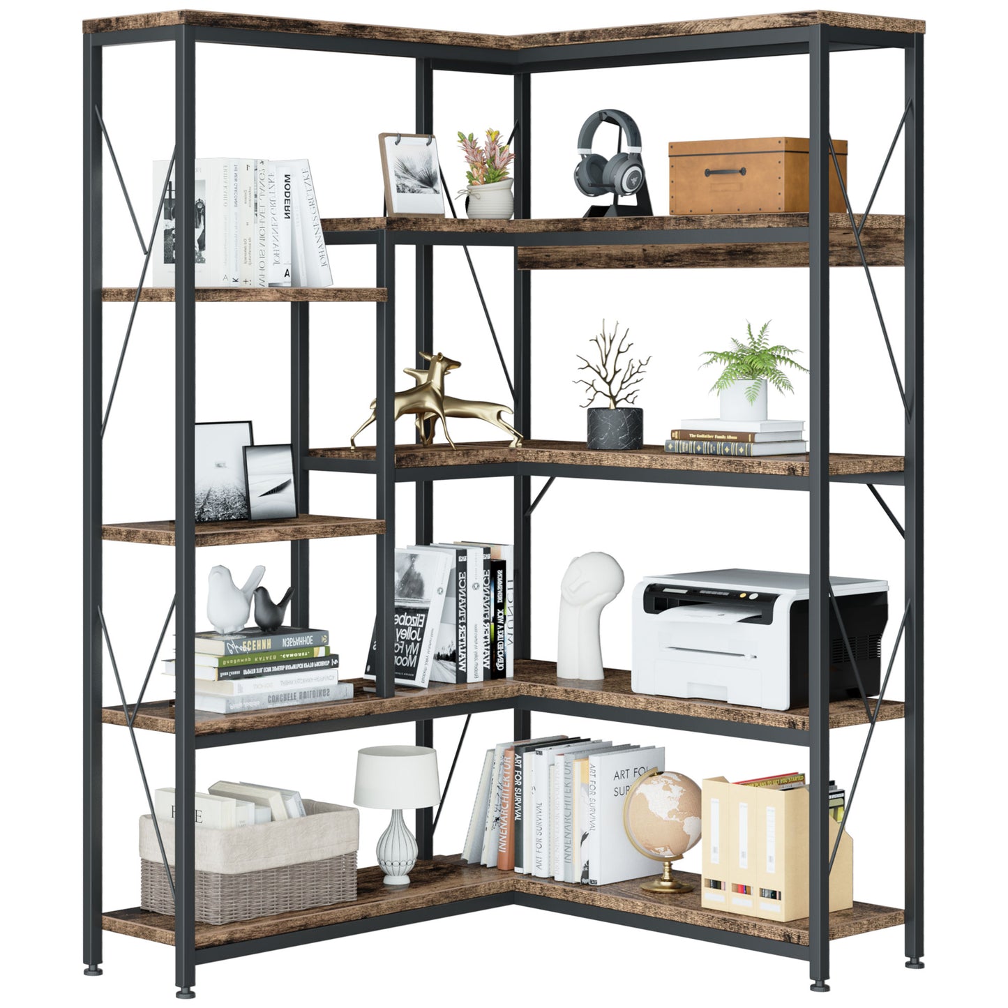 Walsunny Corner Bookshelves Bookcases 5 Tier L Shaped Wood Bookshelf with Metal Frame Display Rack