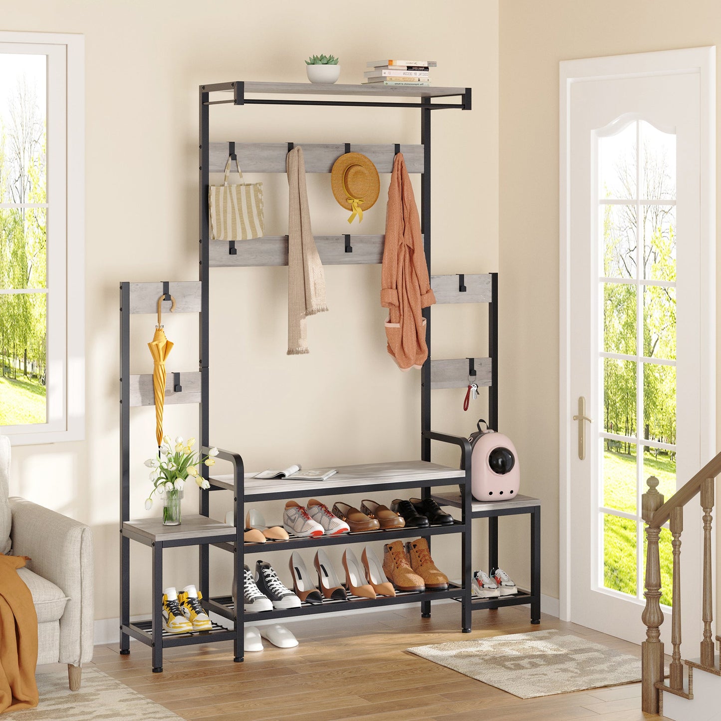 Walsunny 4 in 1 Entryway Hall Tree Coat Rack with Bench 56'' Entryway with Shoe Storage and Coat Hooks Large Organizer for Entryway Hallway
