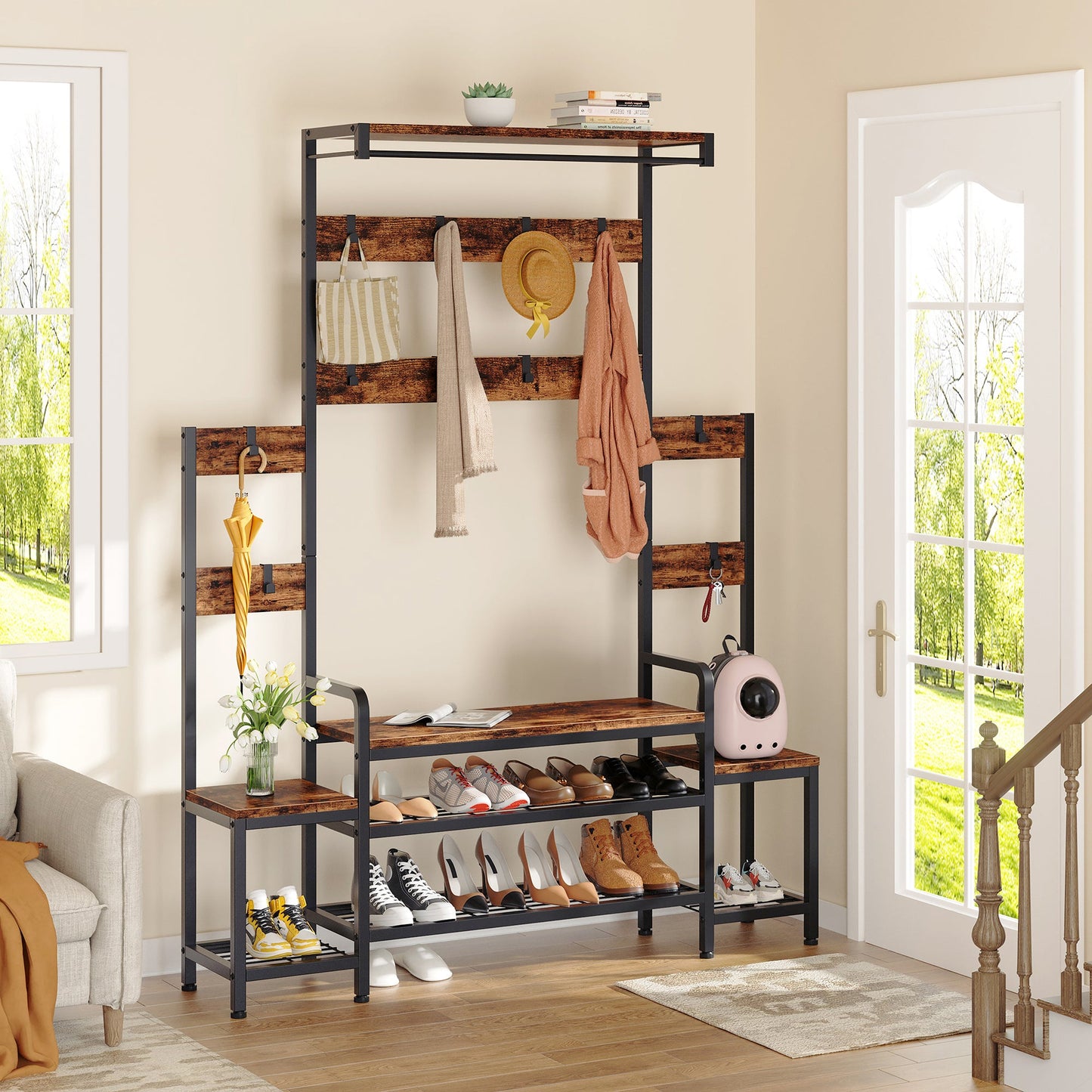 Walsunny 4 in 1 Entryway Hall Tree Coat Rack with Bench 56'' Entryway with Shoe Storage and Coat Hooks Large Organizer for Entryway Hallway