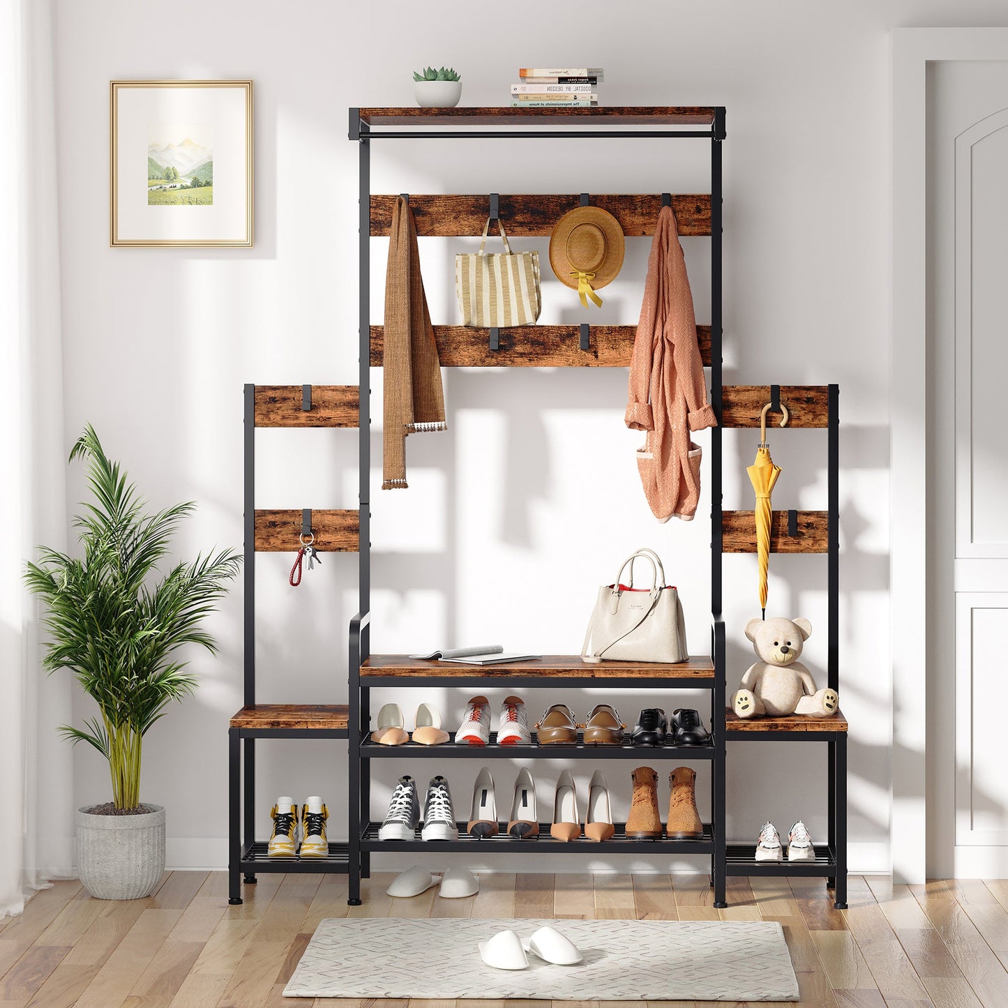 Walsunny 4 in 1 Entryway Hall Tree Coat Rack with Bench 56'' Entryway with Shoe Storage and Coat Hooks Large Organizer for Entryway Hallway
