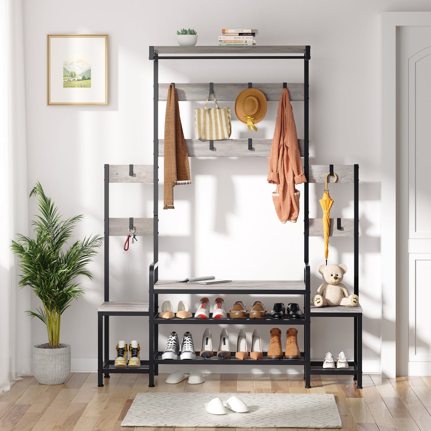 Walsunny 4 in 1 Entryway Hall Tree Coat Rack with Bench 56'' Entryway with Shoe Storage and Coat Hooks Large Organizer for Entryway Hallway