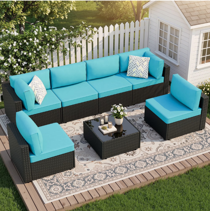 Walsunny 7 Piece Outdoor Patio Conversation Set, Rattan Sectional Sofa Set, All-Weather Outdoor Modern Sectional Furniture Wicker Couch with Glass Coffee Table