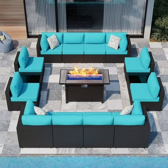 Walsunny 15 Pieces Patio Wicker Rattan Fire Pit Furniture Conversation Sets with Outdoor Sectional Sofa,45" Gas Propane Fire Pit Table,Glass Coffee Table