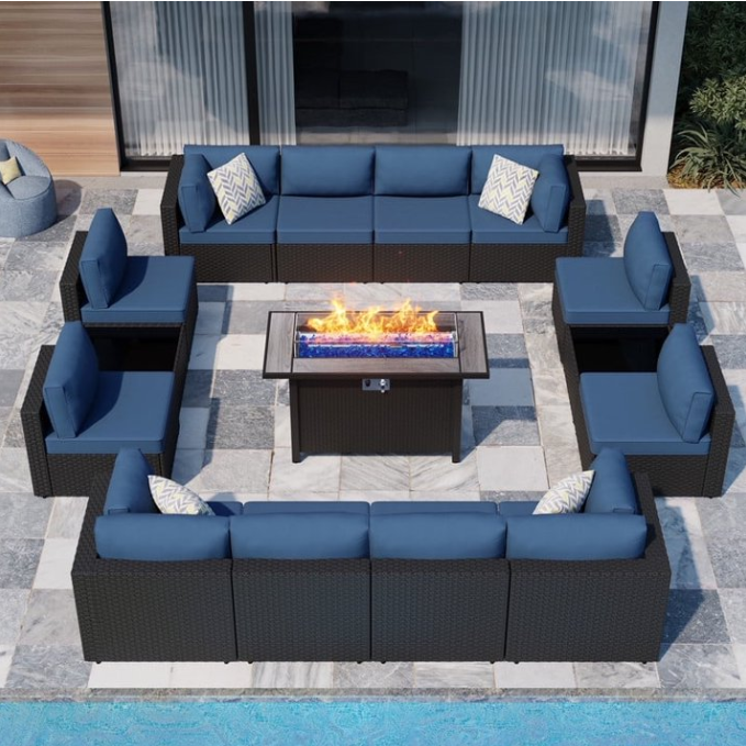 Walsunny 15 Pieces Patio Wicker Rattan Fire Pit Furniture Conversation Sets with Outdoor Sectional Sofa,45" Gas Propane Fire Pit Table,Glass Coffee Table