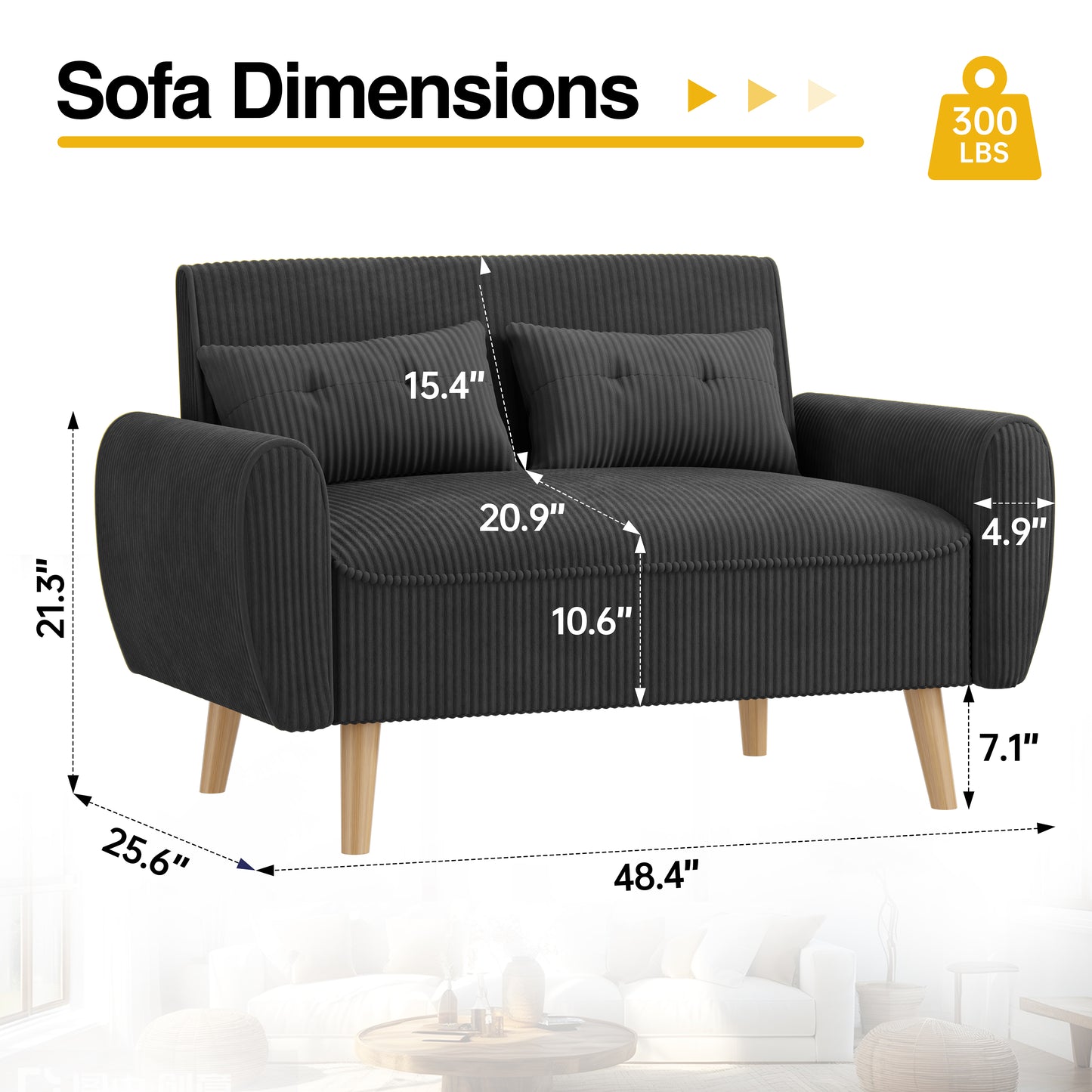 Walsunny 49" Loveseat Sofa Couch, 2-Seat Fabric Upholstered Sofa with 2 Removable Pillows, Modern Loveseat Couch, Wood Leg