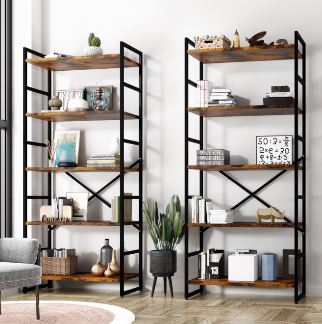 Walsunny Bookshelves Wooden Bookcases 5 Tiers H-Shaped Bookshelf with 5 Open Display Shelves