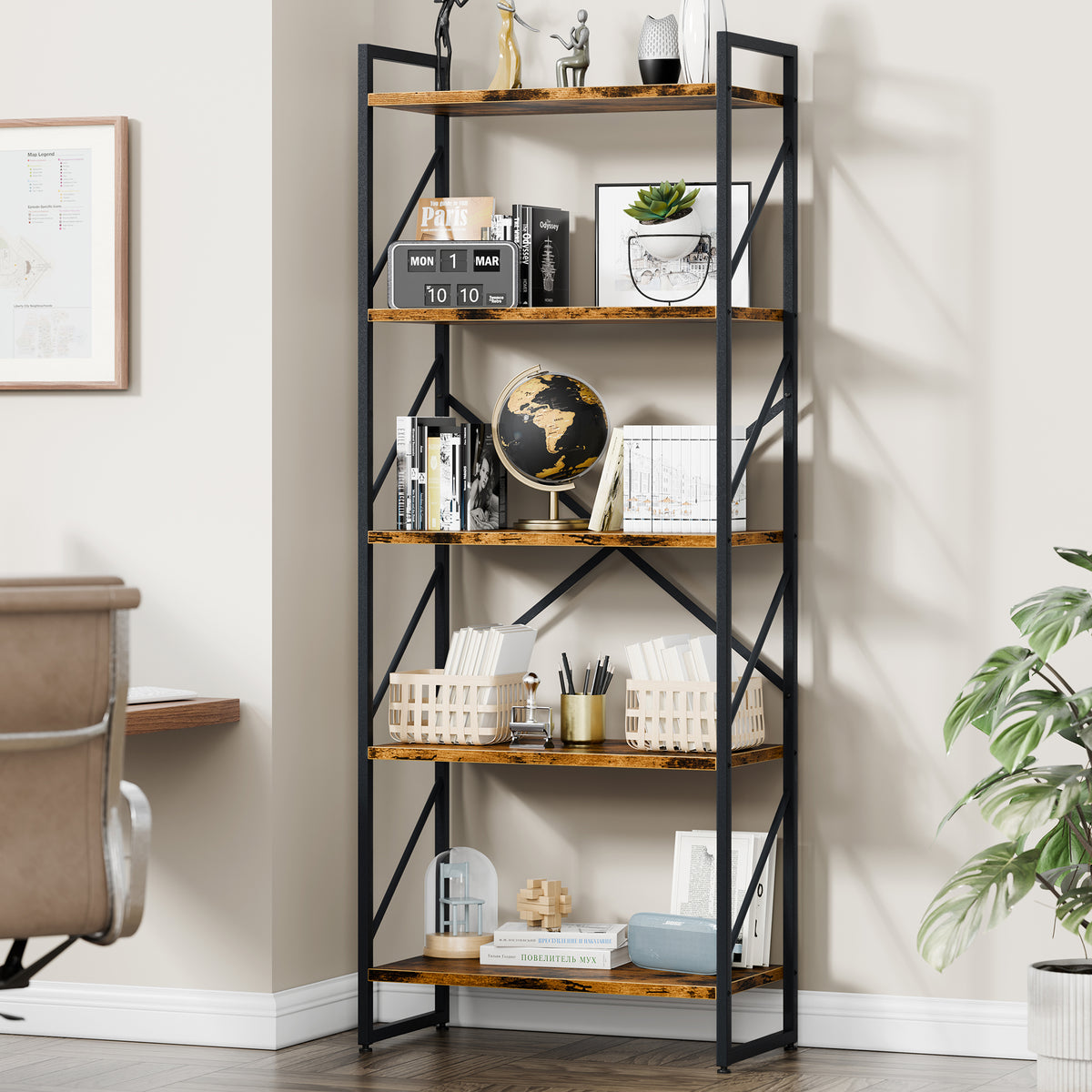 Walsunny Bookshelves Wooden Bookcases 5 Tiers H-Shaped Bookshelf with 5 Open Display Shelves