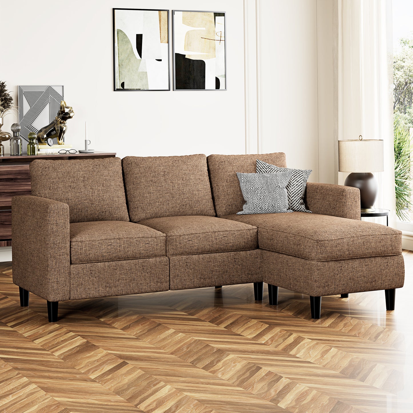 Walsunny 3-Seat L Shaped Sectional Sofa Couch with Modern Linen Fabric for Small Space