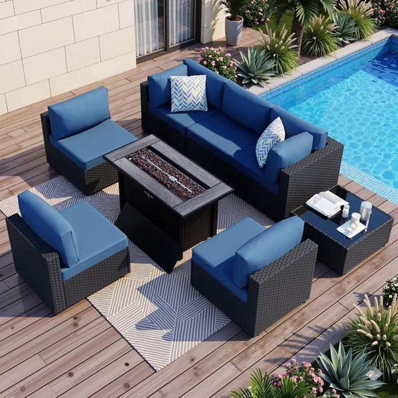 Walsunny 8 Pieces Patio Wicker Rattan Fire Pit Furniture Conversation Sets with Outdoor Sectional Sofa,45" Gas Propane Fire Pit Table,Glass Coffee Table