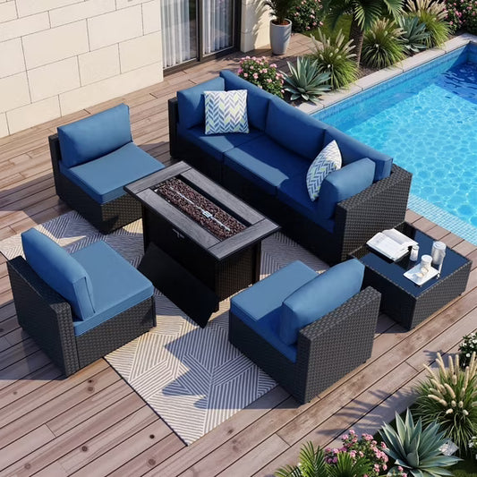 Walsunny 8 Pieces Patio Wicker Rattan Fire Pit Furniture Conversation Sets with Outdoor Sectional Sofa,45" Gas Propane Fire Pit Table,Glass Coffee Table