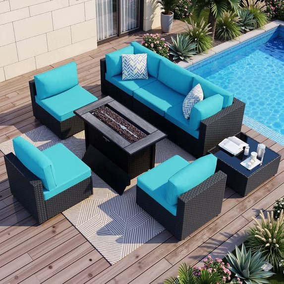 Walsunny 8 Pieces Patio Wicker Rattan Fire Pit Furniture Conversation Sets with Outdoor Sectional Sofa,45" Gas Propane Fire Pit Table,Glass Coffee Table