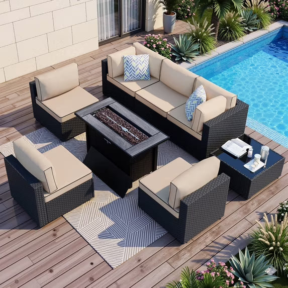 Walsunny 8 Pieces Patio Wicker Rattan Fire Pit Furniture Conversation Sets with Outdoor Sectional Sofa,45" Gas Propane Fire Pit Table,Glass Coffee Table