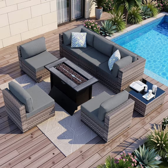 Walsunny 8 Pieces Patio Wicker Rattan Fire Pit Furniture Conversation Sets with Outdoor Sectional Sofa,45" Gas Propane Fire Pit Table,Glass Coffee Table
