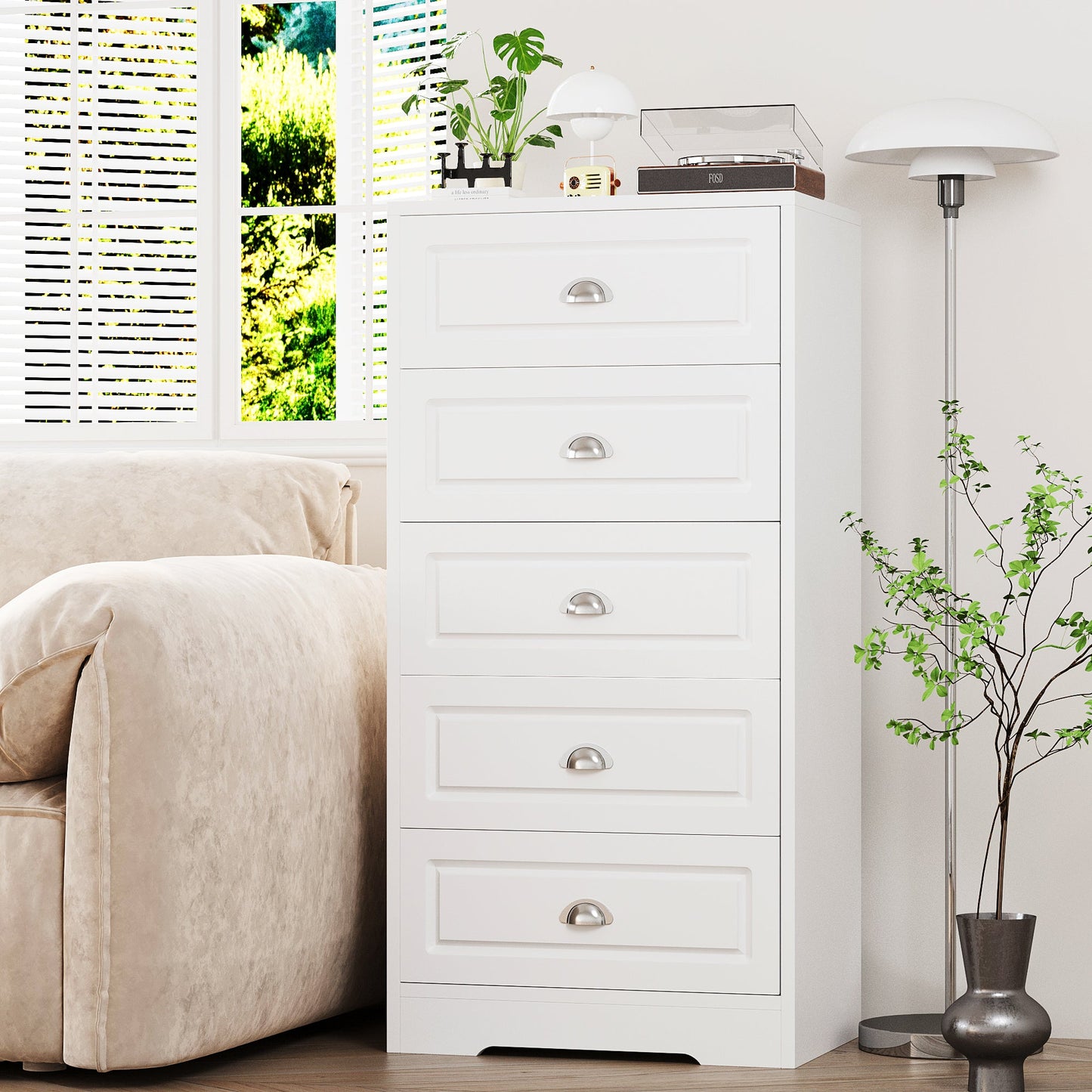 Walsunny 5 Drawer White Vertical Dresser Modern Storage Cabinet with Handle-Drawer Chest Wood Organizer for Living Room