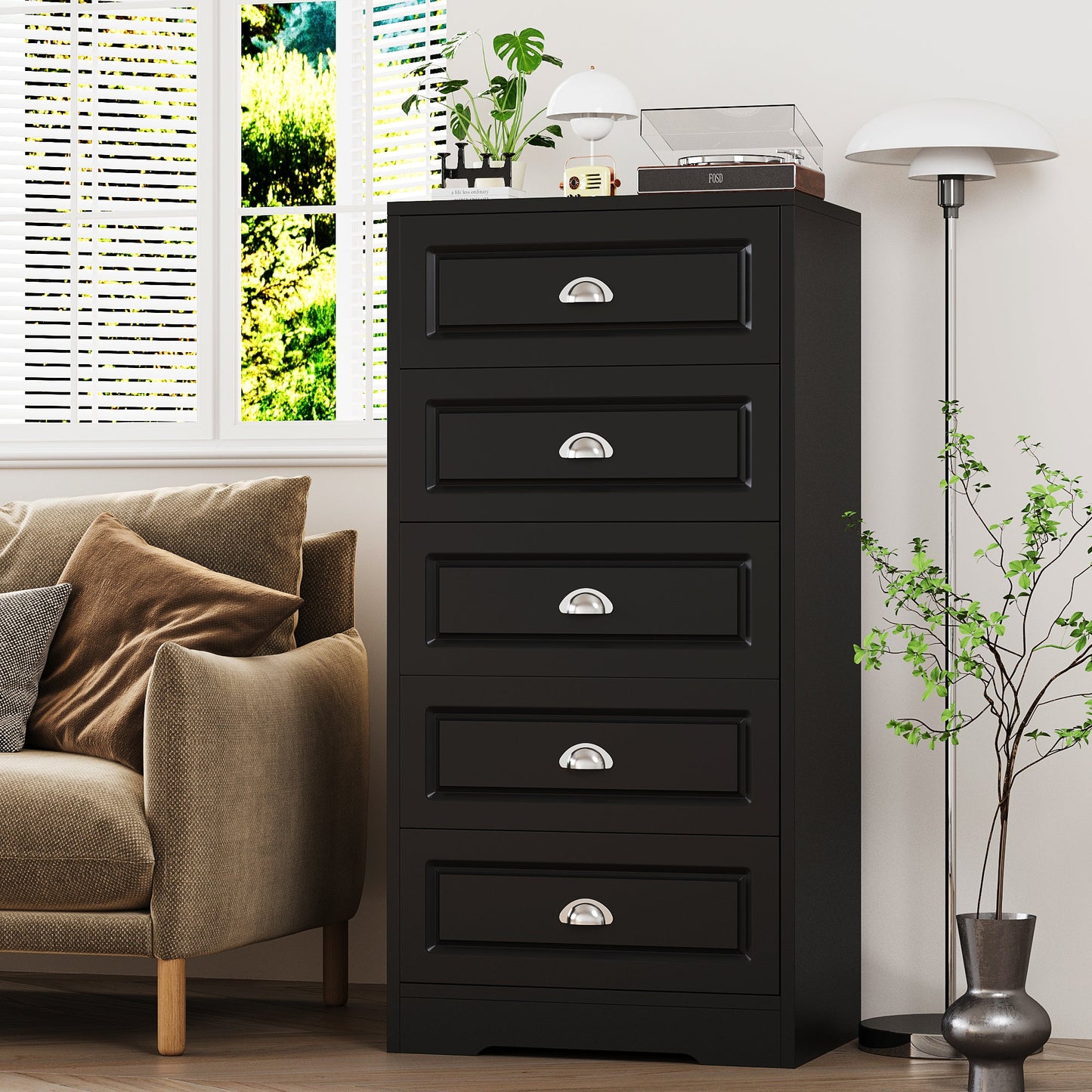 Walsunny 5 Drawer White Vertical Dresser Modern Storage Cabinet with Handle-Drawer Chest Wood Organizer for Living Room