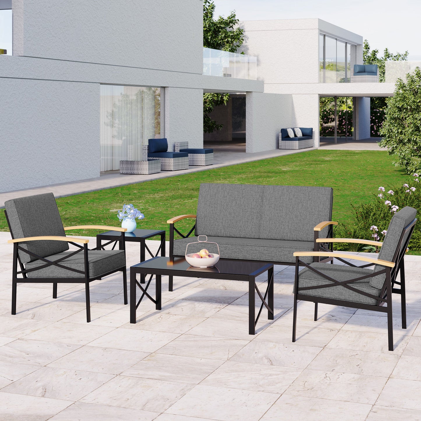 Walsunny Patio Furniture 5 Pieces Outdoor Metal Conversation Sets Chair Sets