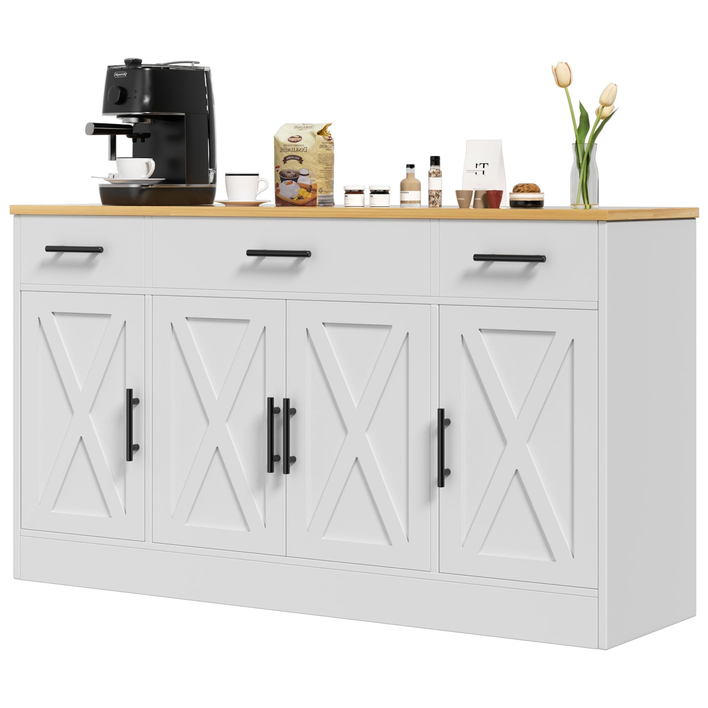 Walsunny 53" Buffet Cabinet with Drawers, Doors Large White Sideboard Buffet Table for Kitchen or Dining Room,Coffee Bar Storage White