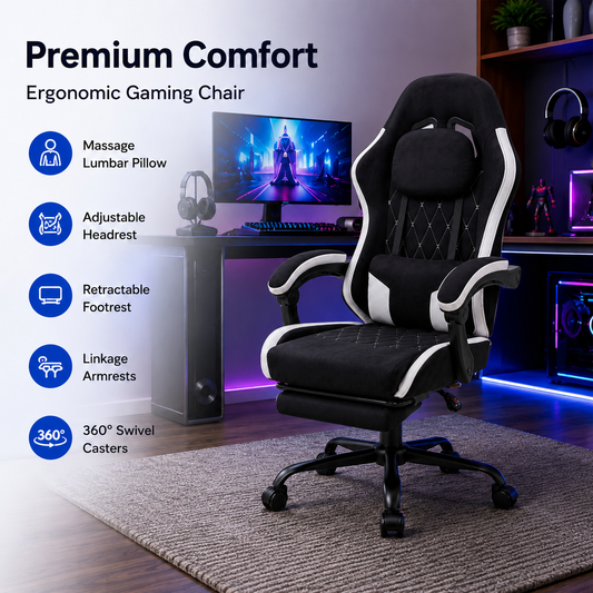 Walsunny Ergonomic Gaming Chair with Massage Lumbar Support, High-Back Office Chair with Breathable Fabric and Adjustable Neck Pillow & Footrest, Reclining Gaming Chair