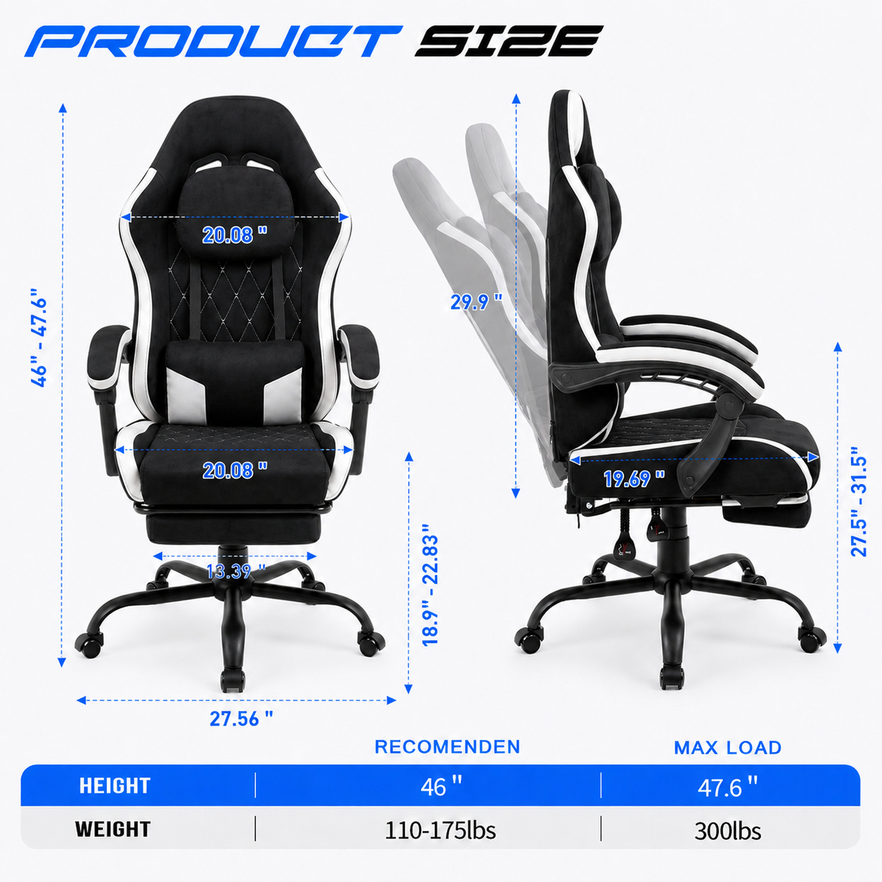 Walsunny Ergonomic Gaming Chair with Massage Lumbar Support, High-Back Office Chair with Breathable Fabric and Adjustable Neck Pillow & Footrest, Reclining Gaming Chair