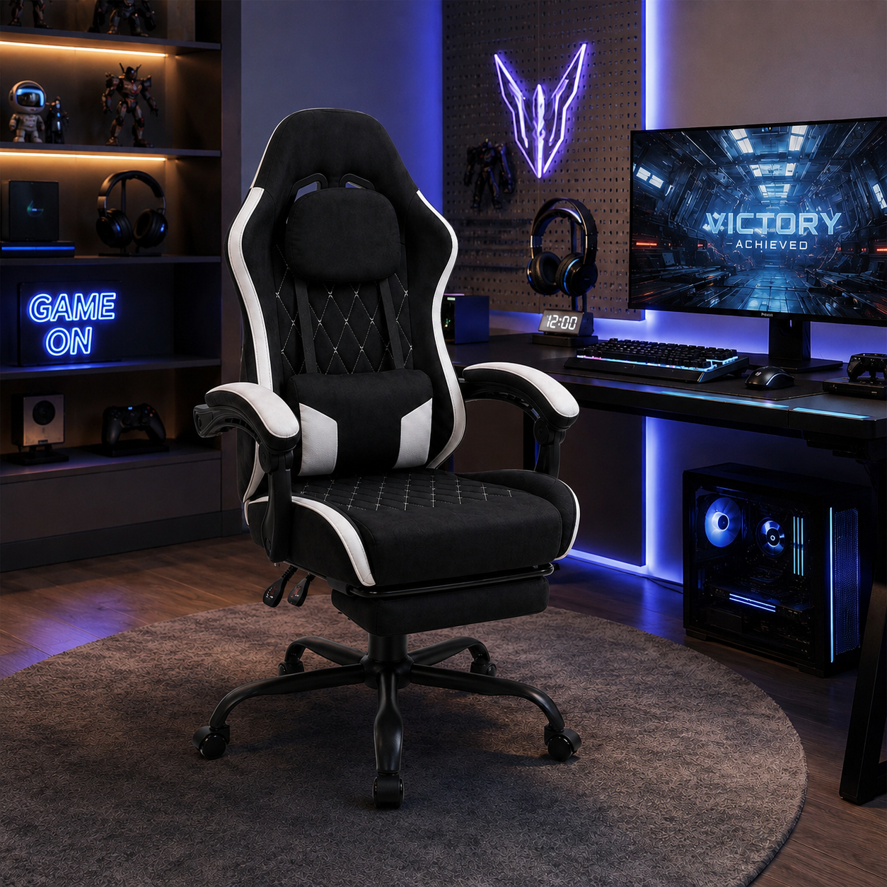 Walsunny Ergonomic Gaming Chair with Massage Lumbar Support, High-Back Office Chair with Breathable Fabric and Adjustable Neck Pillow & Footrest, Reclining Gaming Chair