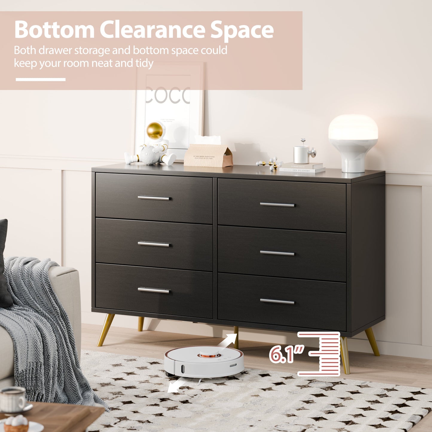Walsunny 9 Drawer Double Dresser Black Wooden Wide Chest of Drawers with Metal Handles Storage Organizer Dresser Nursery Dresser for Living Room Hallway