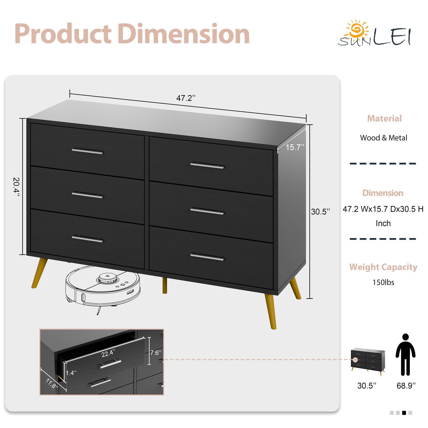 Walsunny 9 Drawer Double Dresser Black Wooden Wide Chest of Drawers with Metal Handles Storage Organizer Dresser Nursery Dresser for Living Room Hallway