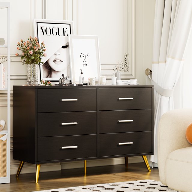 Walsunny 9 Drawer Double Dresser Black Wooden Wide Chest of Drawers with Metal Handles Storage Organizer Dresser Nursery Dresser for Living Room Hallway