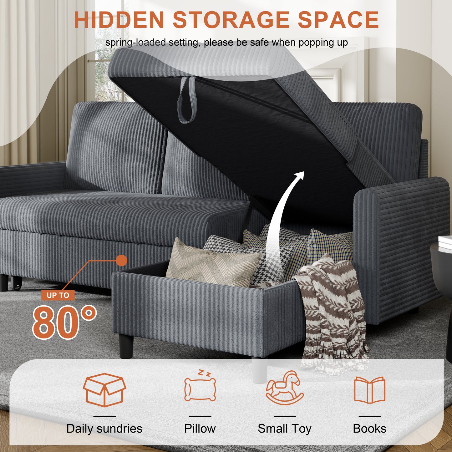 Walsunny Sectional Sofa Couch Bed Storage Chaise Sleeper Pull Out Sofa Couch for Living Room Deep Gray
