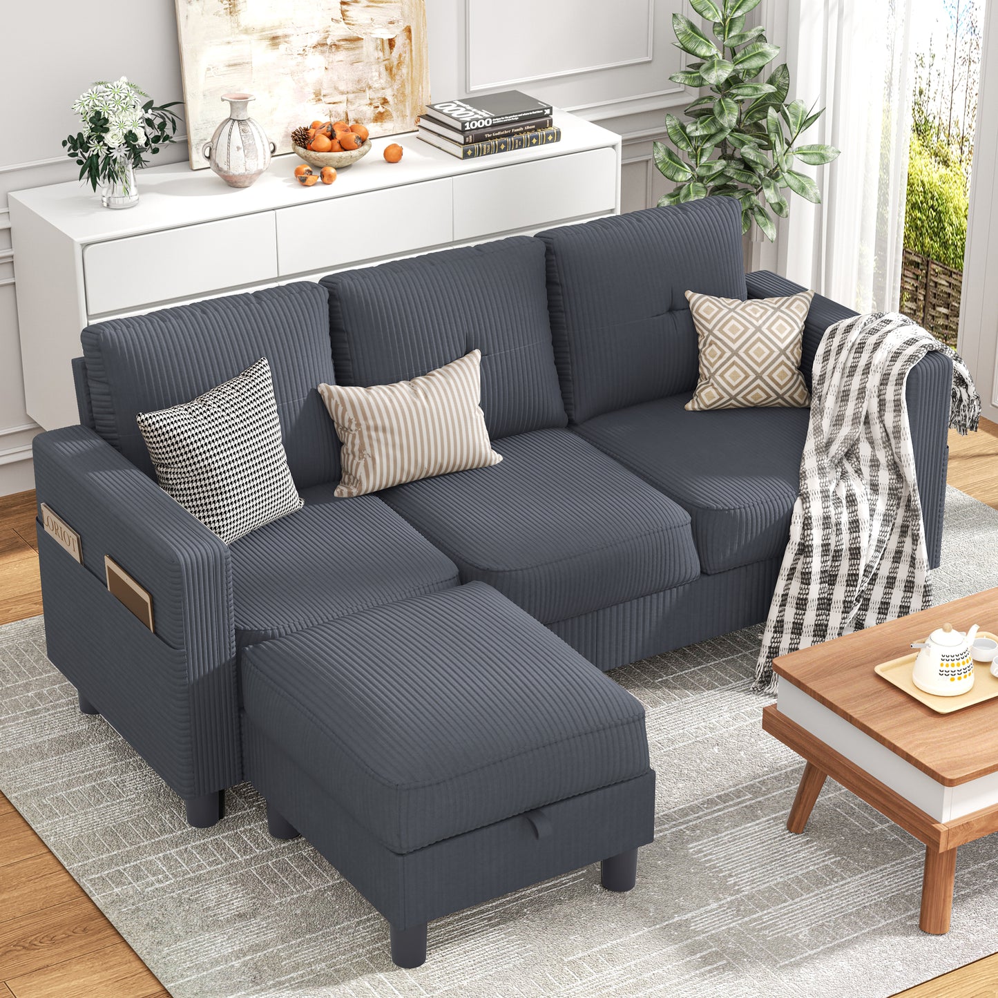 Walsunny 3-Seat L Shaped Modern Sectional Sofa with Storage Ottoman and Side Pockets US80