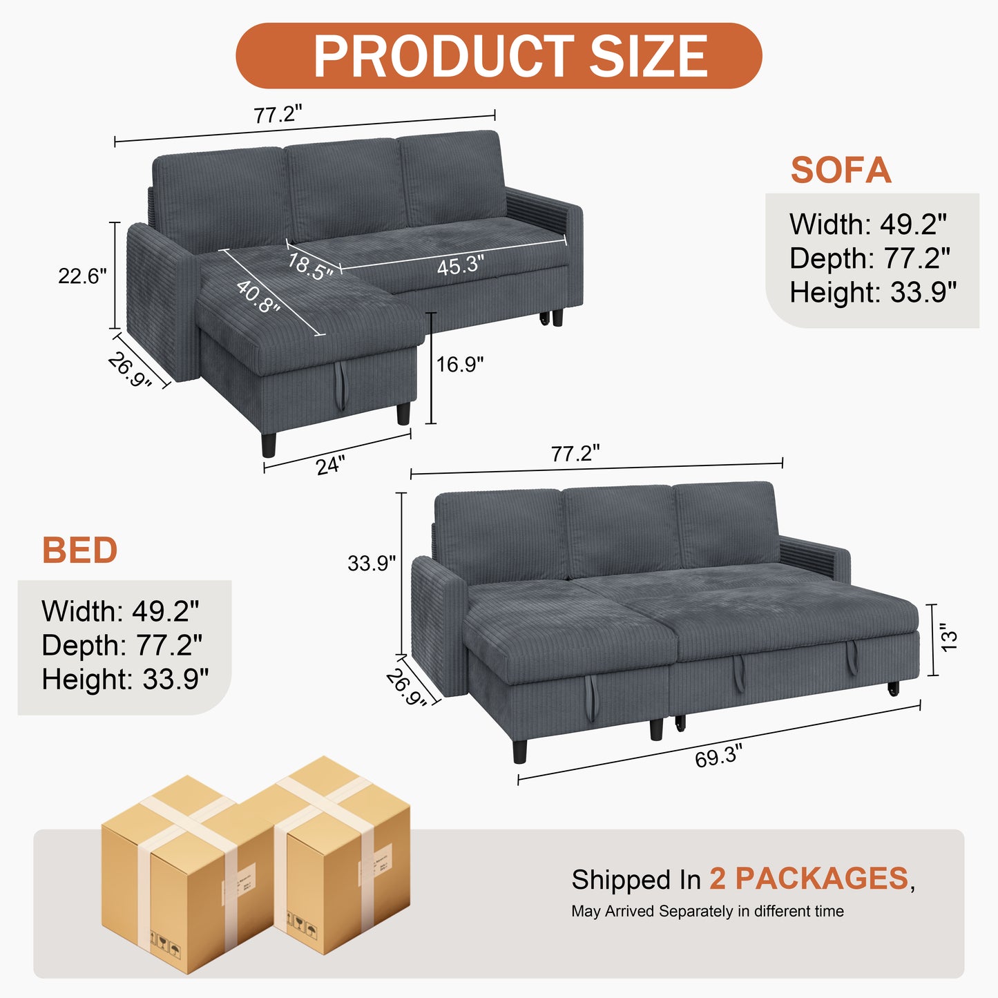 Walsunny Sectional Sofa Couch Bed Storage Chaise Sleeper Pull Out Sofa Couch for Living Room Deep Gray