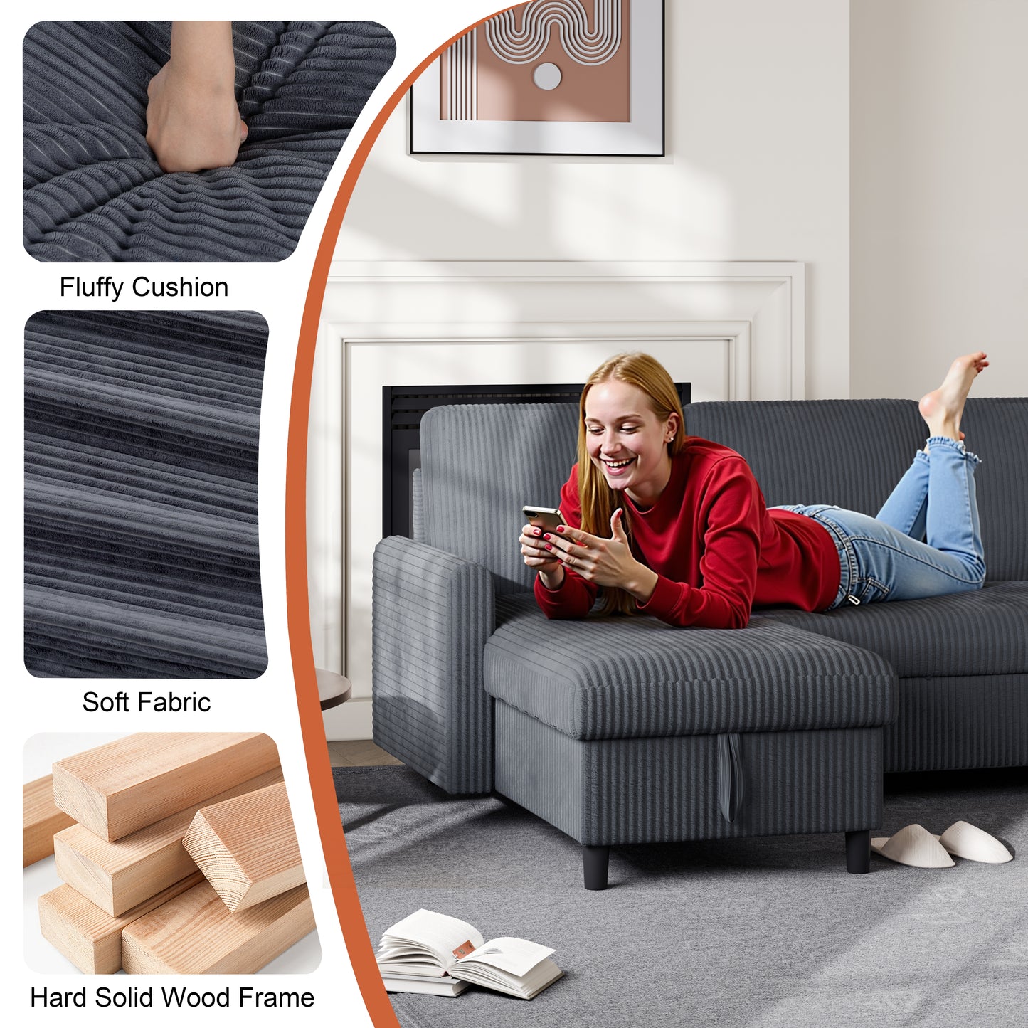 Walsunny Sectional Sofa Couch Bed Storage Chaise Sleeper Pull Out Sofa Couch for Living Room Deep Gray